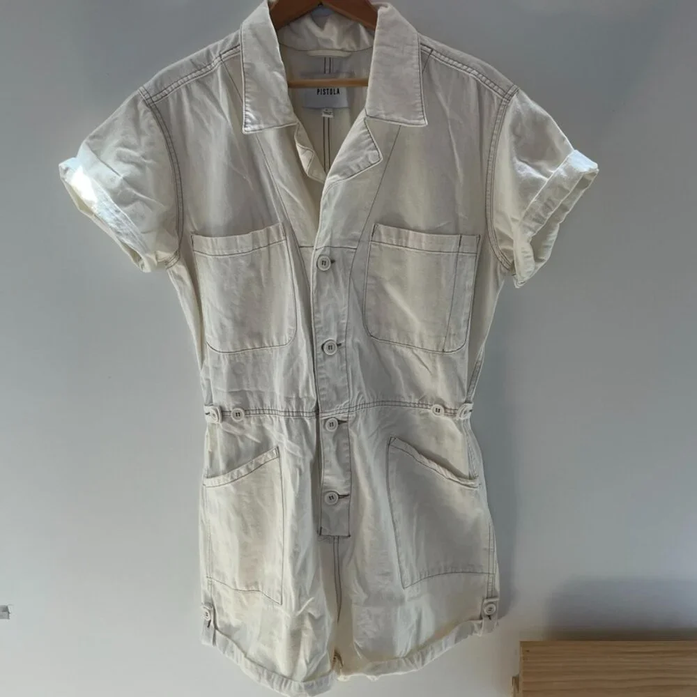 pistola Parker Short Romper Ecru Off White Lightweight Denim Casual Size L - Picture 3 of 9